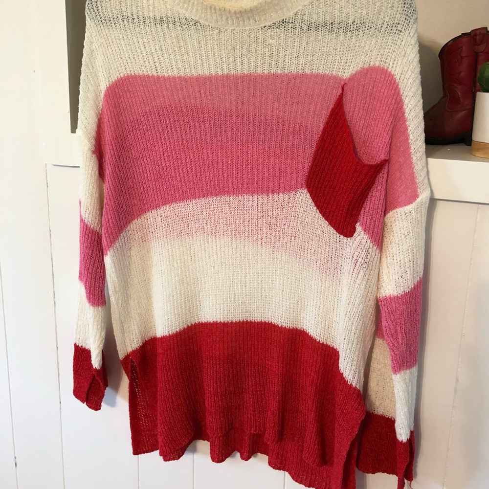 Pink, red & white lightweight knit sweater